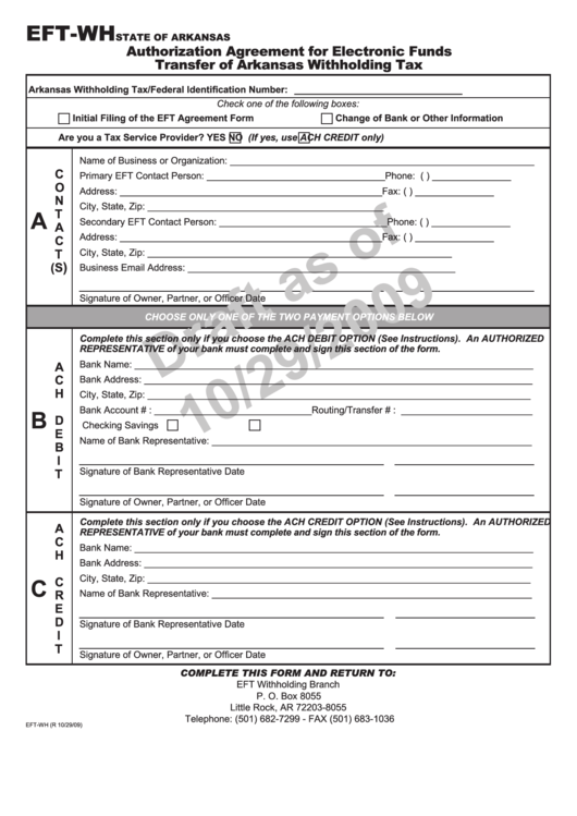 Form Eft Wh Draft Authorization Agreement For Electronic Funds