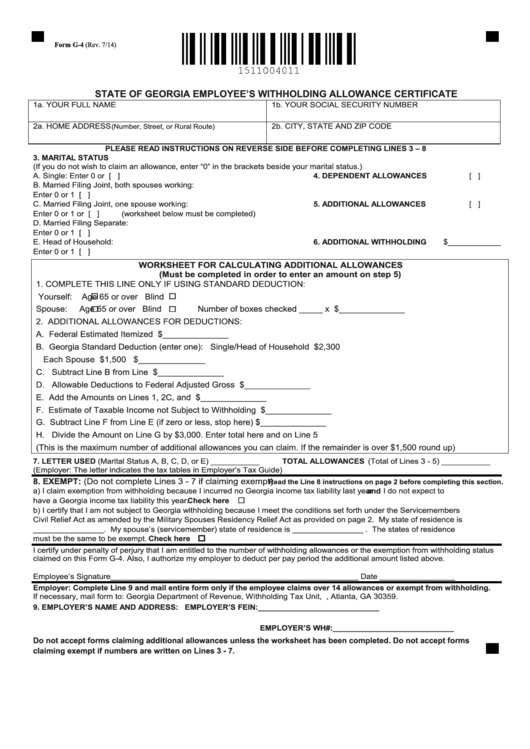 Form G 4 State Of Georgia Employee S Withholding Allowance