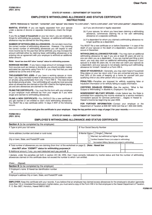 Form Hw 4 Employee S Withholding Allowance And Status Certificate 