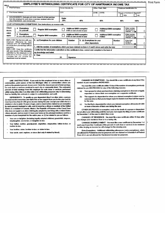 Form Hw 4 Employers Withholding Certificate For City Of Hamtramck