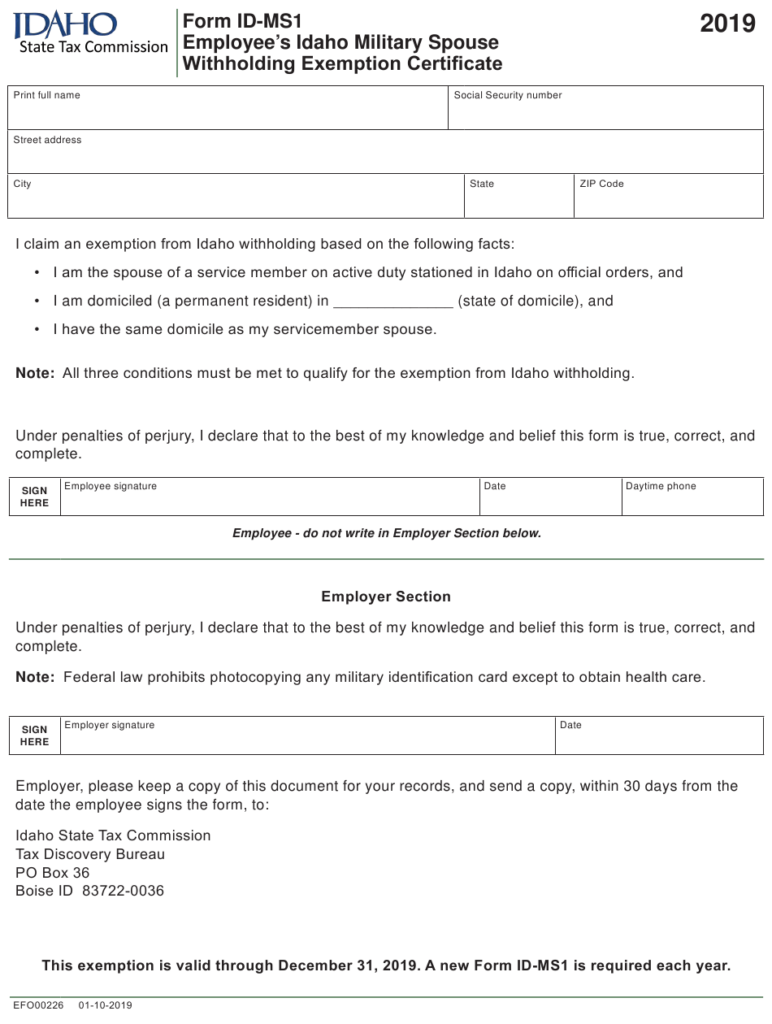 Form ID MS1 Download Fillable PDF Or Fill Online Employee s Idaho Military Spouse Withholding 