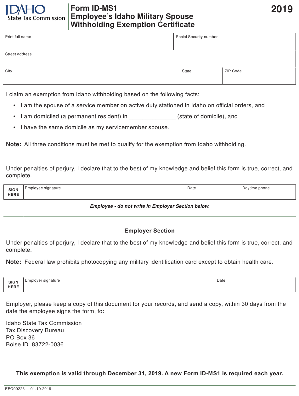 Form ID MS1 Download Fillable PDF Or Fill Online Employee s Idaho Military Spouse Withholding 