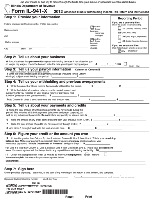 Form Il 941 X Amended Illinois Withholding Income Tax Return And Instructions 2012 Printable 