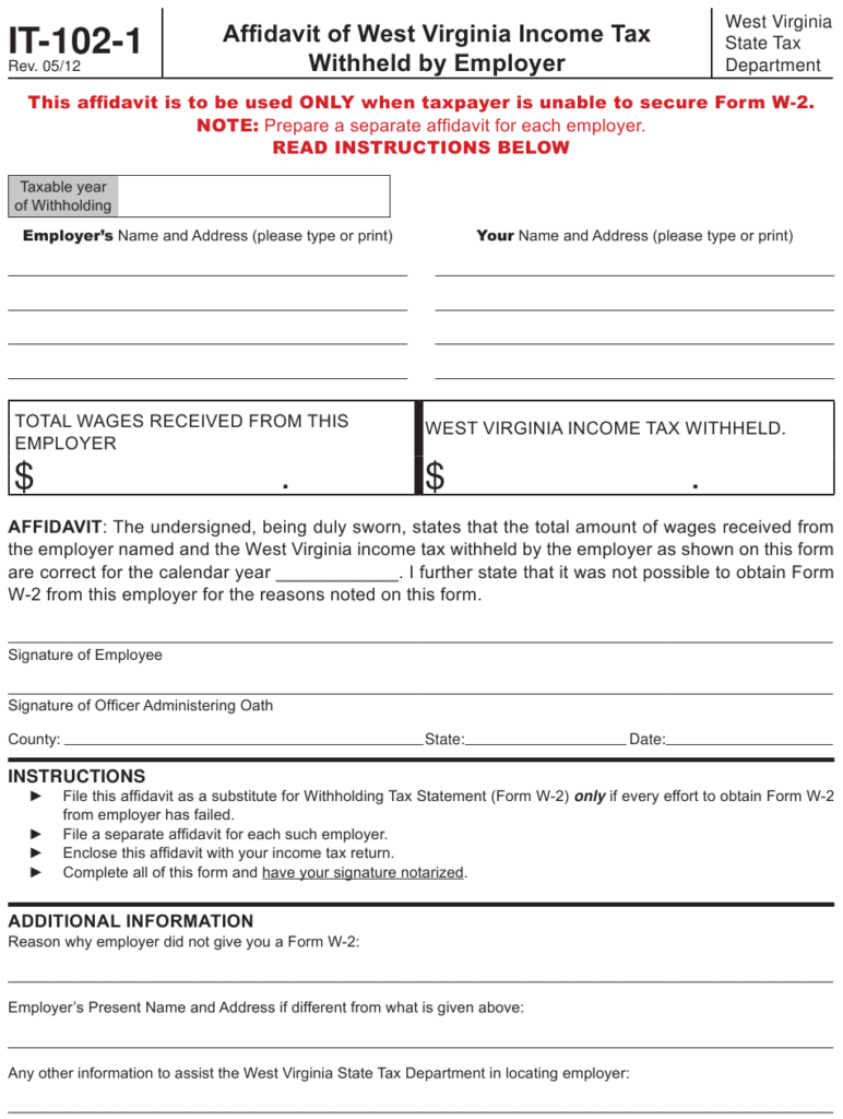 Form IT 102 1 Download Printable PDF Or Fill Online Affidavit Of West Virginia Income Tax 