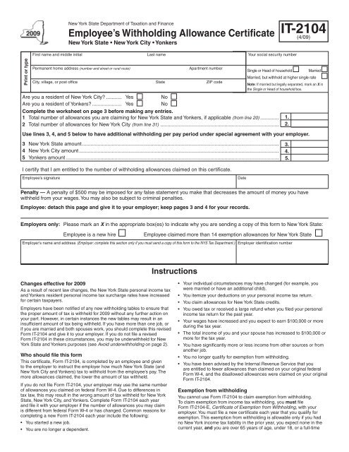 Form IT 2104 4 09 Employee s Withholding Allowance Certificate 