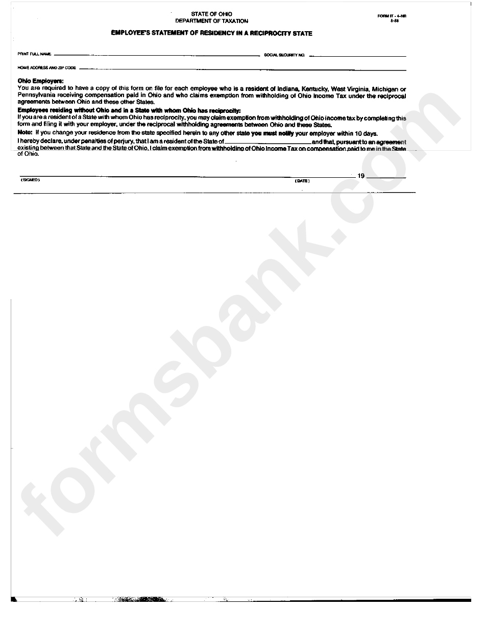 Form It 4 Nr Employee S Statement Of Residency In A Reciprocity State 