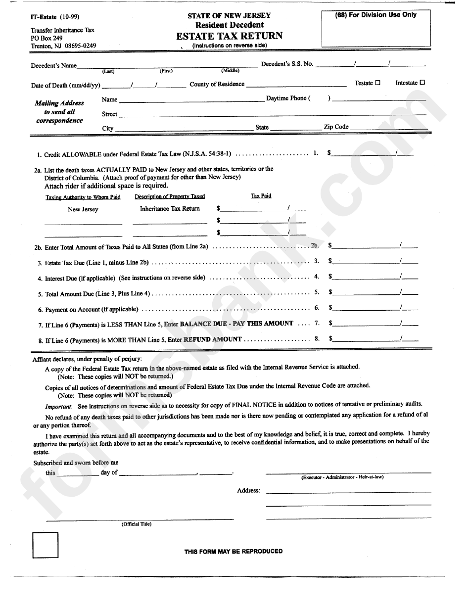 Form It Estate Estate Tax Return State Of New Jersey Printable Pdf Download