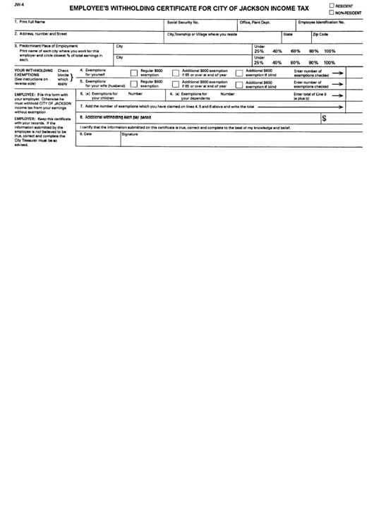 Form Jw 4 Employee S Withholding Certificate For City Of Jackson 