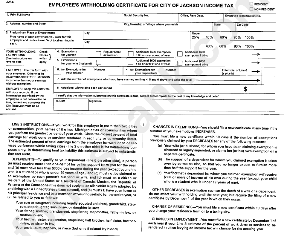 Form Jw 4 Employee S Withholding Certificate For City Of Jackson