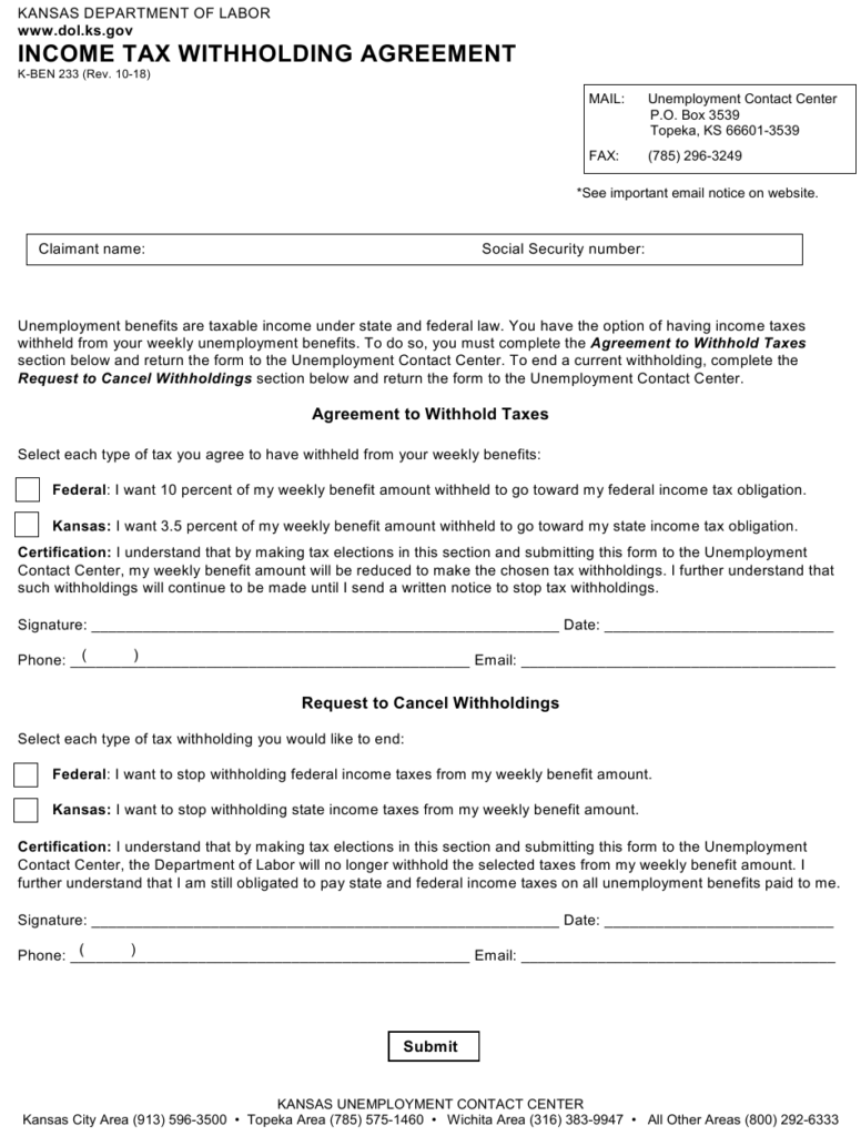 Form K BEN233 Download Fillable PDF Or Fill Online Income Tax Withholding Agreement Kansas 