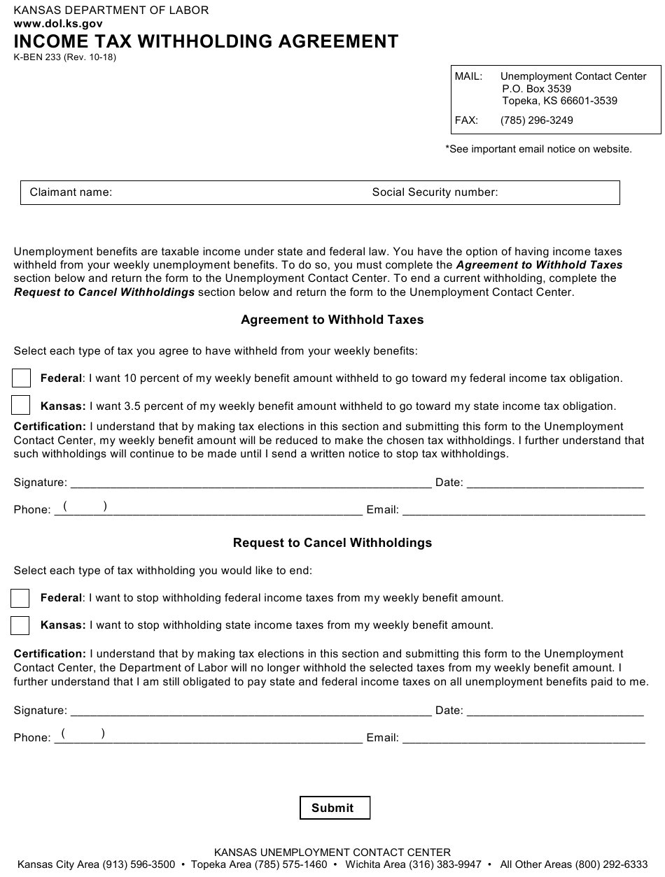 Form K BEN233 Download Fillable PDF Or Fill Online Income Tax Withholding Agreement Kansas