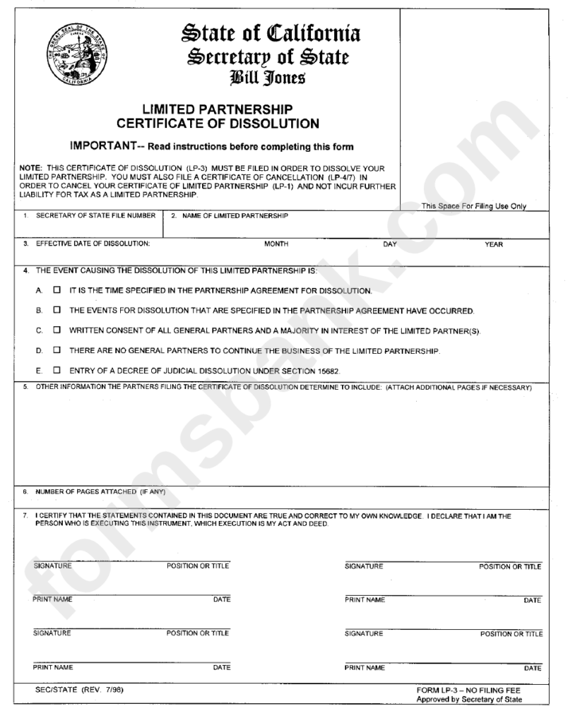 Form Lp 3 Limited Partnership Form For A Certificate Of Dissolution 