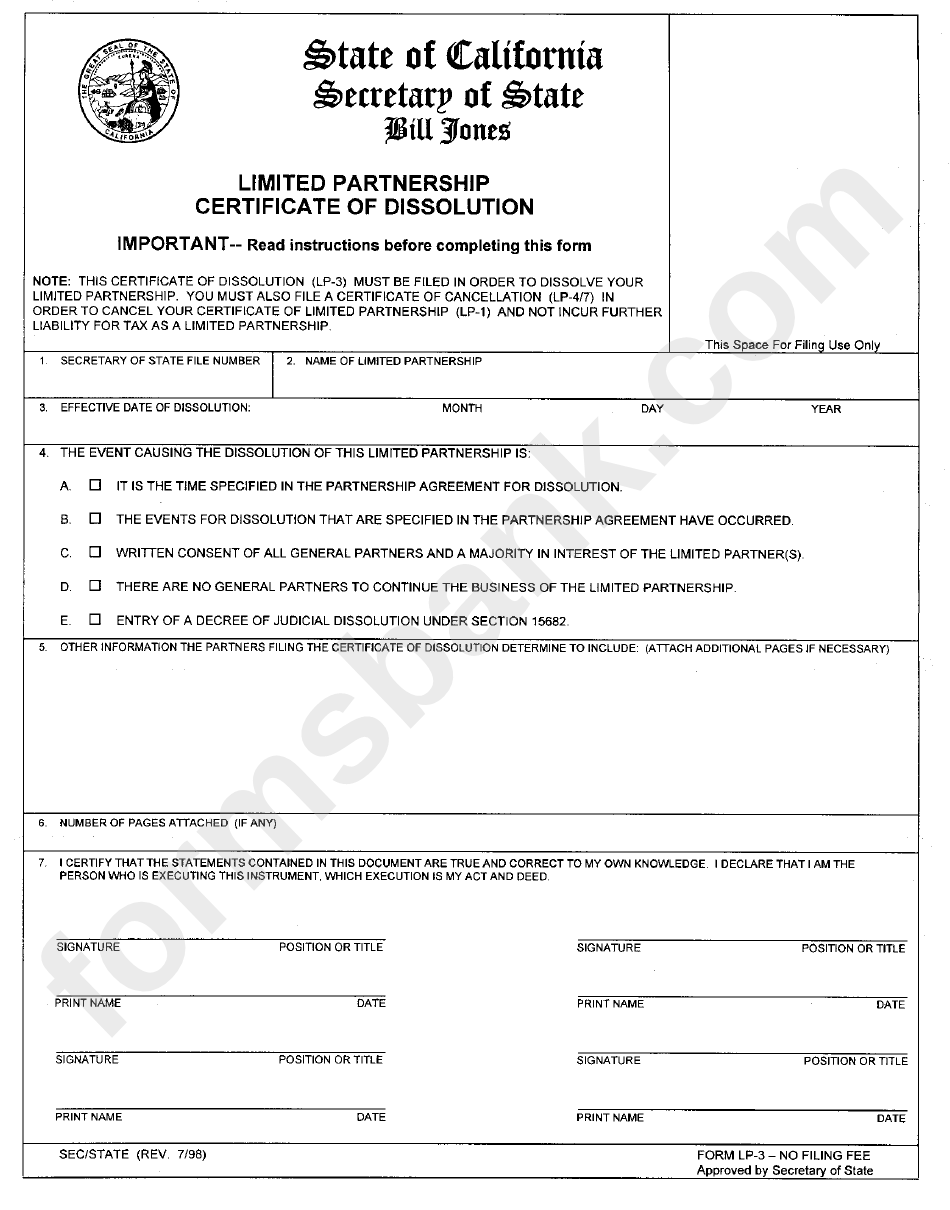 Form Lp 3 Limited Partnership Form For A Certificate Of Dissolution 