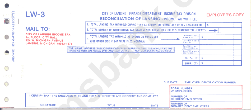 Form Lw 3 Income Tax Withheld Reconciliation Of Lansing Printable