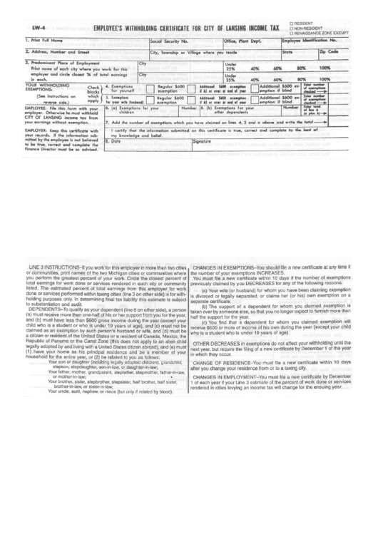 Form Lw 4 Employee S Withholding Certificate Income Tax Printable 