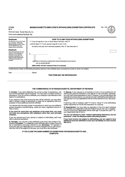 Form M 4 Massachusetts Employee S Withholding Exemption Certificate 