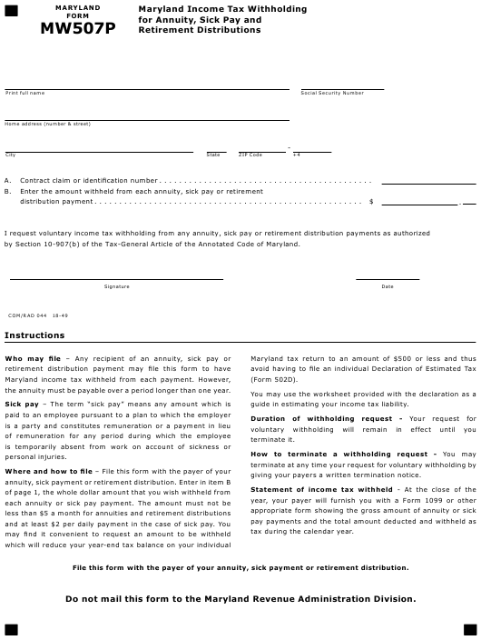 Form MW507P Download Fillable PDF Or Fill Online Maryland Income Tax 