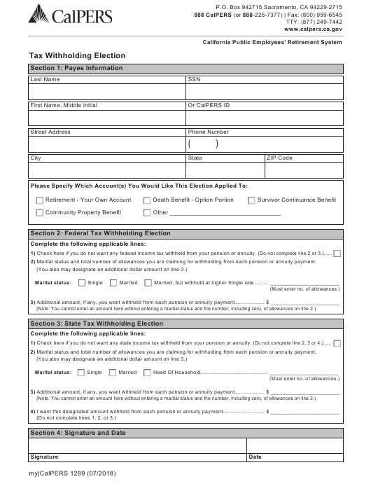 Form My CalPERS1289 Download Fillable PDF Or Fill Online Tax