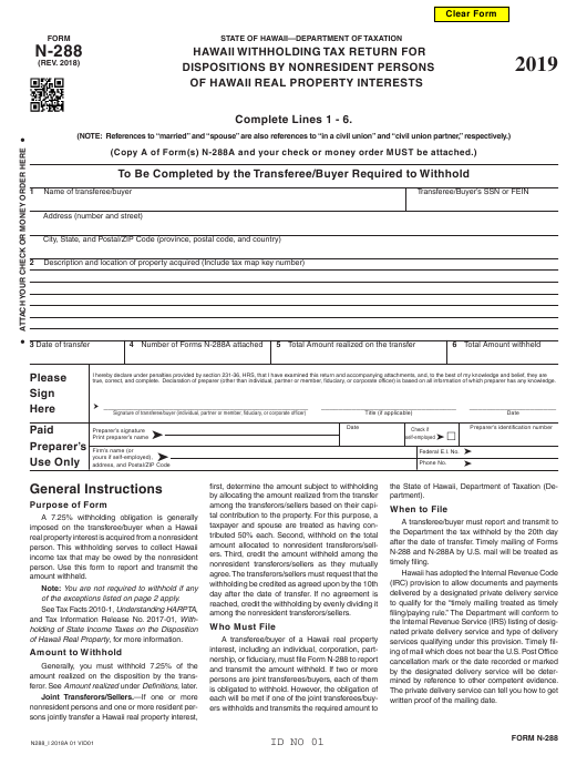 Form N 288 Download Fillable PDF 2019 Hawaii Withholding Tax Return 