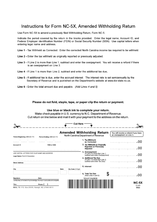 Form Nc 5x Amended Withholding Return Printable Pdf Download