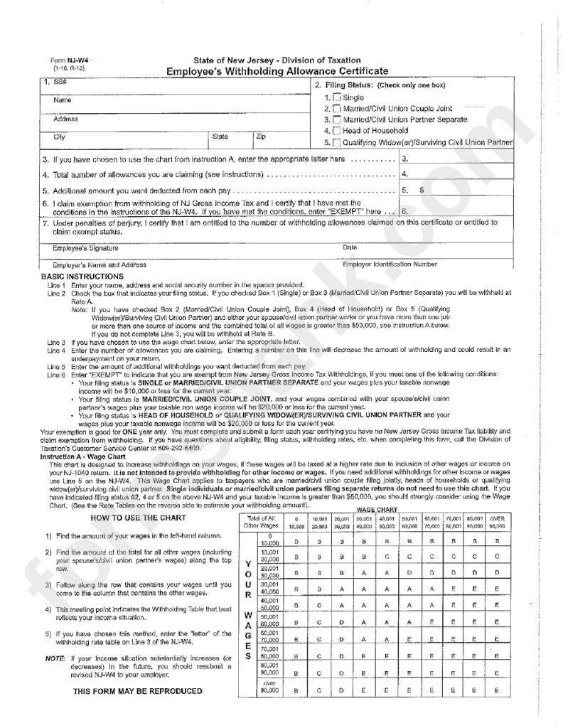 Form Nj W4 Employee S Withholding Allowance Certificate Printable Pdf 