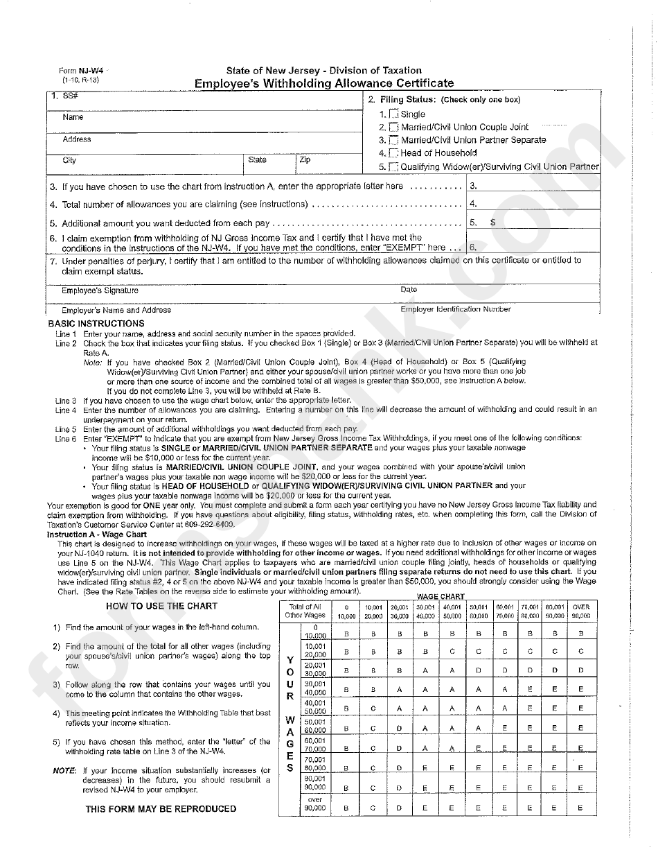 Form Nj W4 Employee S Withholding Allowance Certificate Printable Pdf 