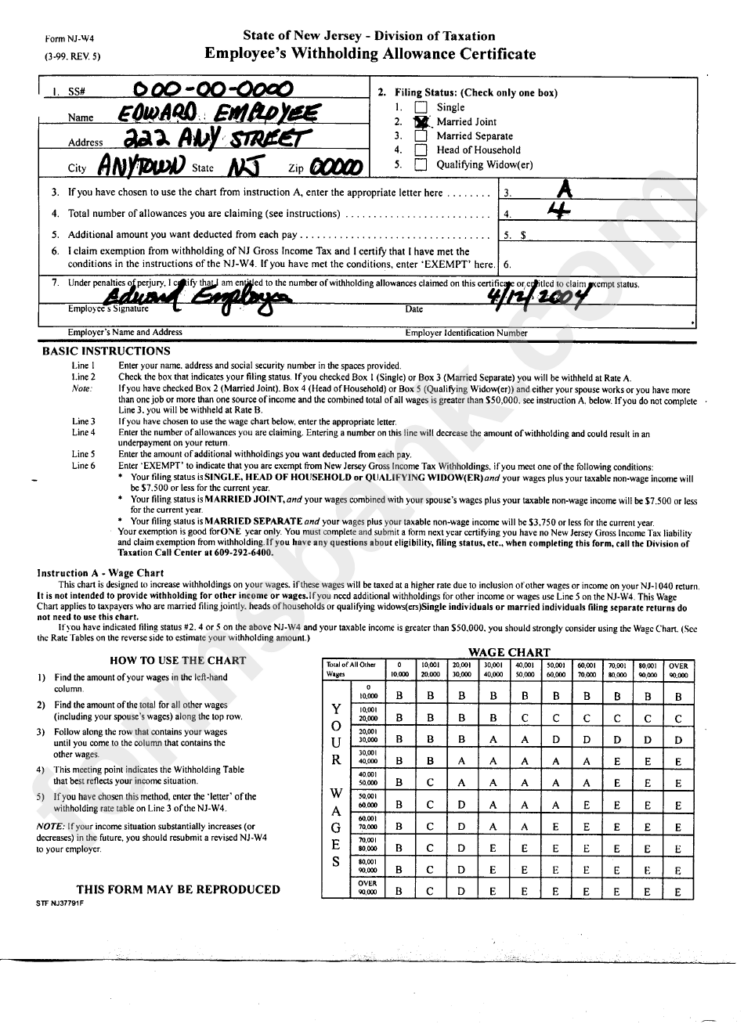 Form Nj W4 Example Employee S Withholding Allowance Certificate New 