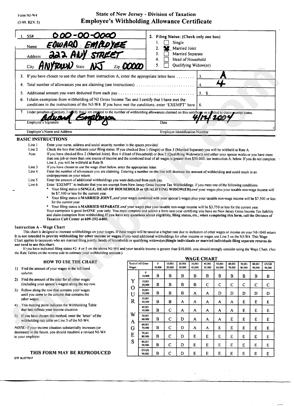 Form Nj W4 Example Employee S Withholding Allowance Certificate New