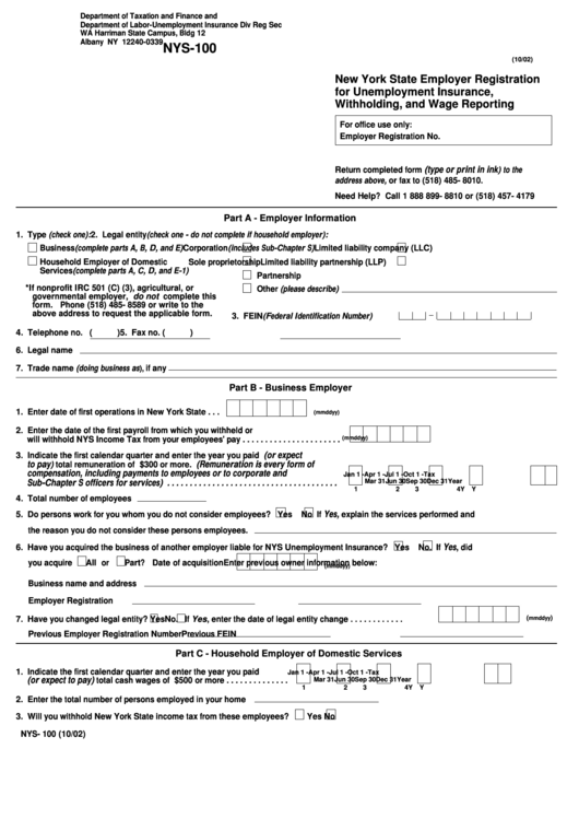 Form Nys 100 New York State Employer Registration Printable Pdf Download