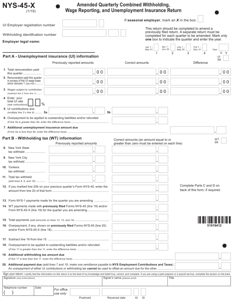 Form NYS 45 X Download Fillable PDF Or Fill Online Amended Quarterly 