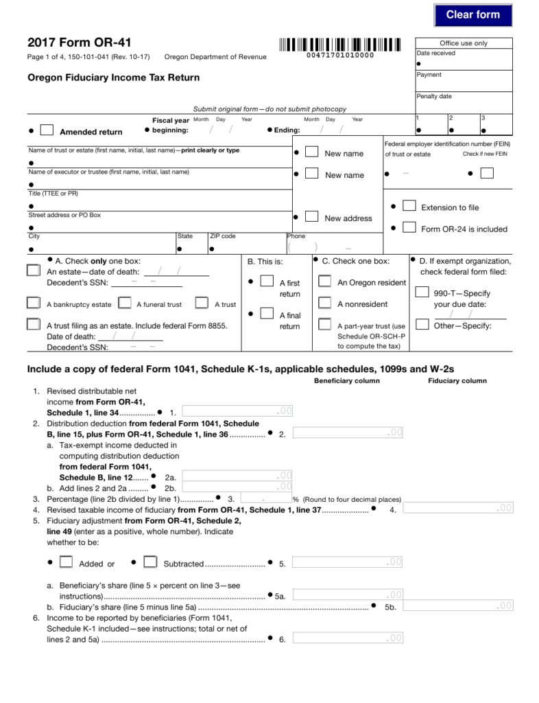 Form OR 41 Download Fillable PDF Or Fill Online Oregon Fiduciary Income 