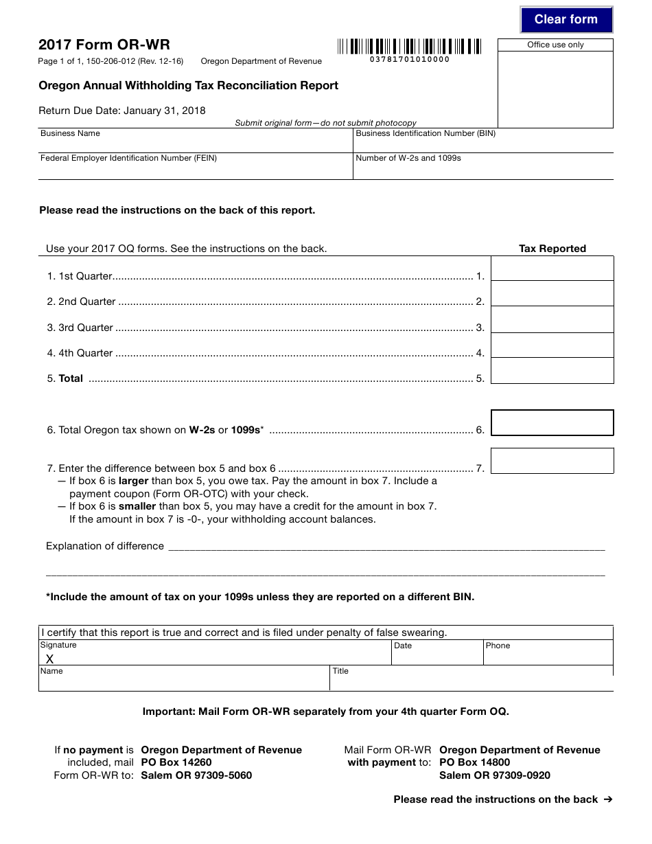 Form OR WR Download Fillable PDF Or Fill Online Oregon Annual