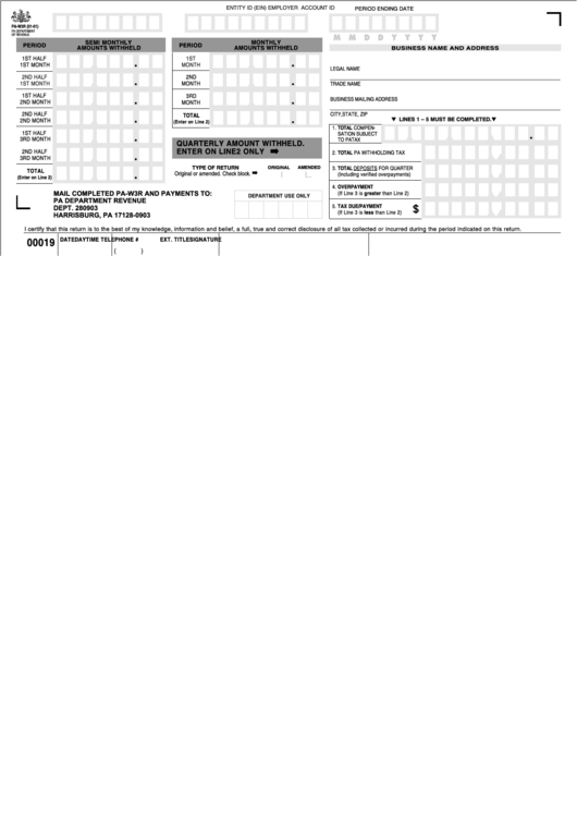 Form Pa W3r Employer Quarterly Reconciliation Return Of Income Tax