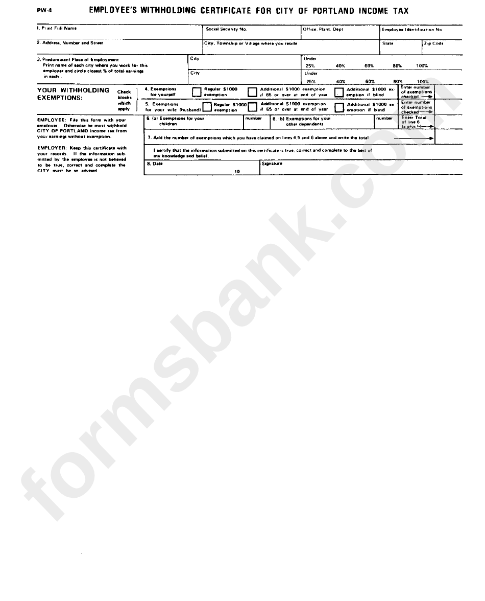 Form Pw 4 Employee S Withholding Certificate For Income Tax City Of 