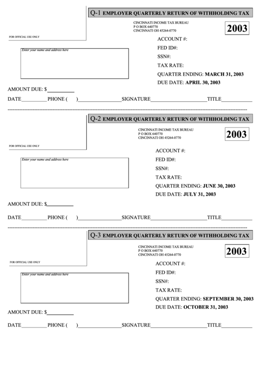 Form Q 1 2 3 4 Employer Quarterly Return Of Withholding Tax 2003 