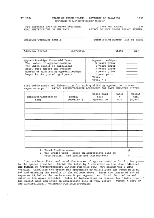 Form Ri 2874 Employer S Apprenciceship Credit State Of Rhode Island 