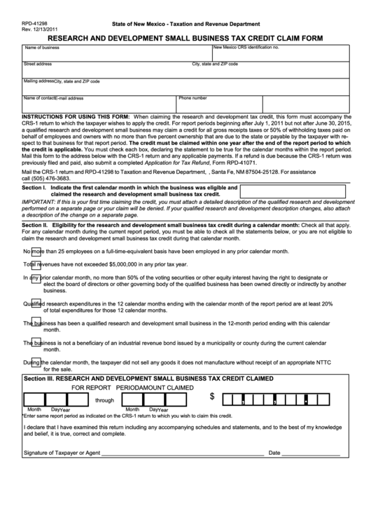 Form Rpd 41298 Research And Development Small Business Tax Credit 