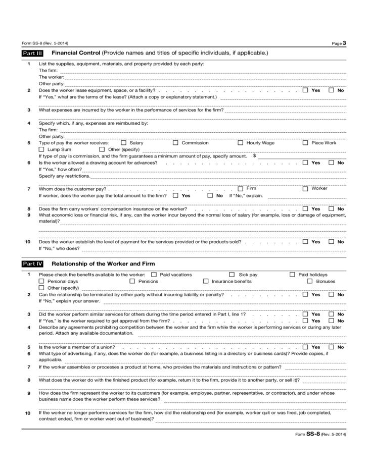 Form SS 8 Determination Of Worker Status Of Federal Employment Taxes 