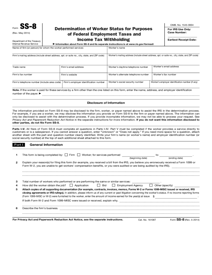 Form SS 8 Determination Of Worker Status Of Federal Employment Taxes 