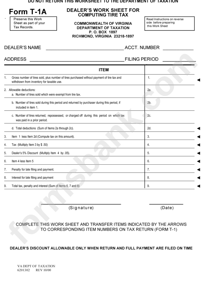 Form T 1a Dealer S Worksheet For Computing Tire Tax Printable Pdf 