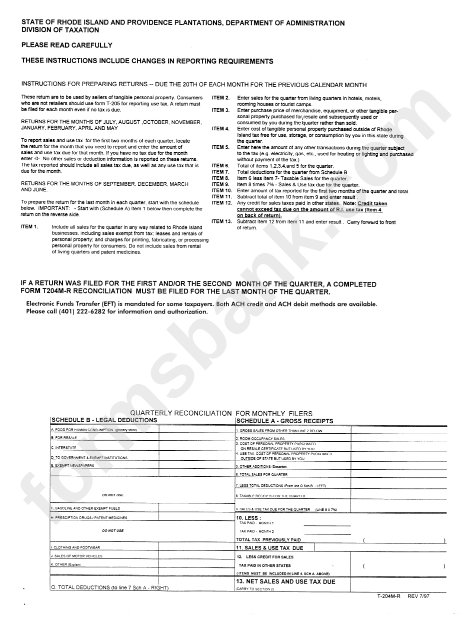 Form T 204m R Quarterly Reconciliation For Monthly Filers State Of