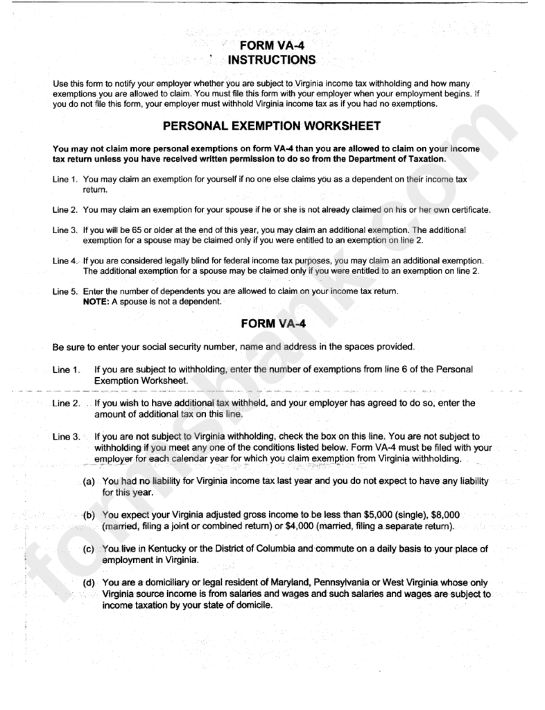 Form Va 4 Employee S Virginia Income Tax Withholding Exemption 