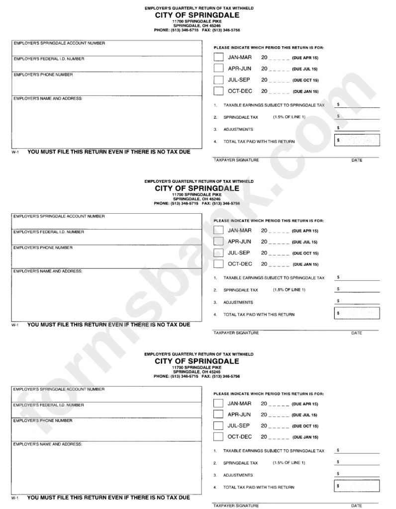 Form W 1 Employer S Quarterly Return Of Tax Withheld City Of 