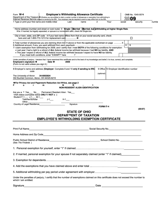 Form W 4 Employee S Withholding Allowance Certificate 2009 Ohio