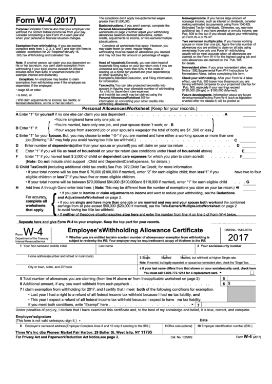 Form W 4 Employee Swithholding Allowance Certificate 2017 Printable