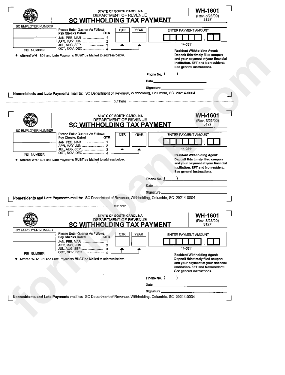 Form Wh 1601 Sc Withholding Tax Payment 2000 Printable Pdf Download