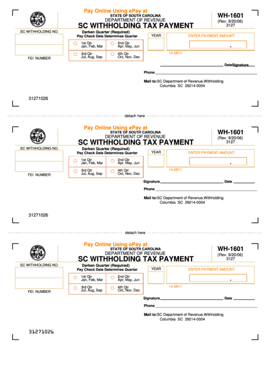 Form Wh 1601 Sc Withholding Tax Payment Printable Pdf Download