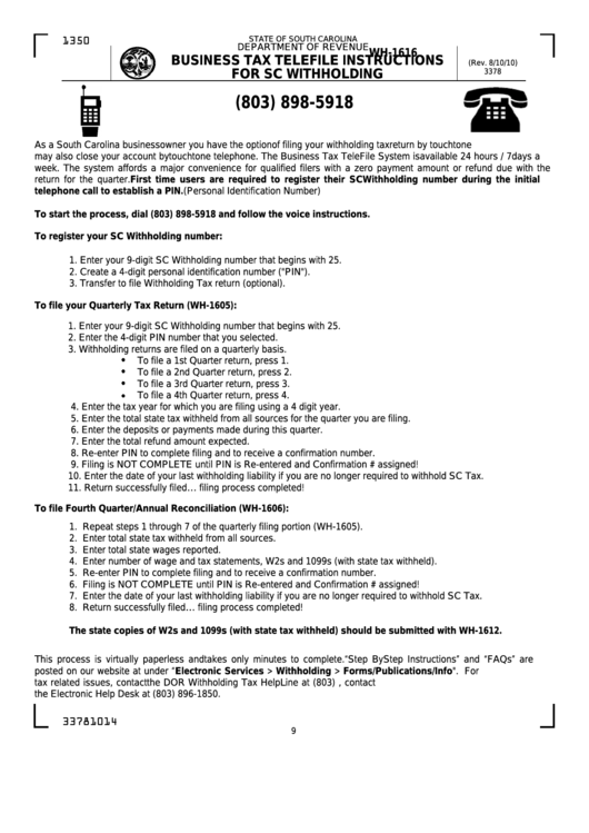 Form Wh 1616 Business Tax Telefile Instructions For Sc Withholding 