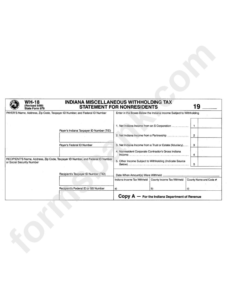 Form Wh 18 Indiana Mescellaneous Withholding Tax Statement For Nonresident Printable Pdf Download