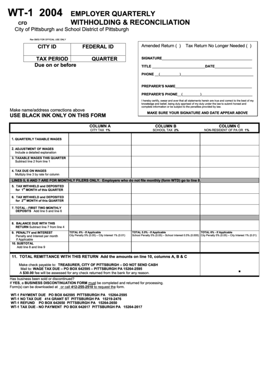 Form Wt 1 Employer Quarterly Withholding Reconciliation 2004 